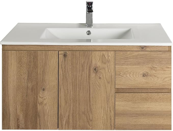 Wall-Mounted Bathroom Vanity with Sink, 2 Soft-Close Drawers and Doors – Moisture-Resistant MDF, Space-Saving Design for Modern Bathrooms (Nature with Sink, 36)
