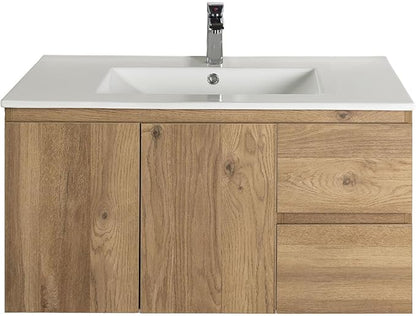Wall-Mounted Bathroom Vanity with Sink, 2 Soft-Close Drawers and Doors – Moisture-Resistant MDF, Space-Saving Design for Modern Bathrooms (Nature with Sink, 36)