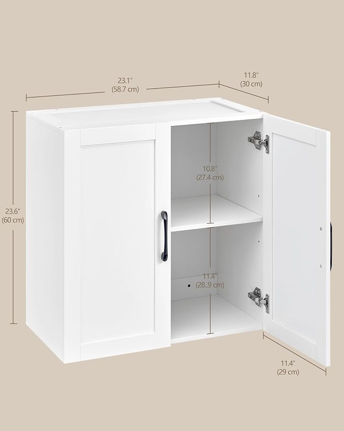 Wall Cabinet with Adjustable Shelf, Laundry Room Cabinet with 2 Doors, Kitchen Storage Cupboard Cabinet, Wall Mount Medicine Cabinet for Bathroom, Living Room, White