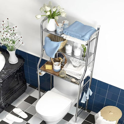 2-Tier Over The Toilet Storage, Over Toilet Bathroom Organizer, Freestanding Metal Bathroom Shelves, Over The Toilet Organizer with Hooks and Paper Holder, Space-Saving, Stainless Steel