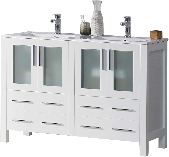 Blossom 48 Inch Solid Wood Double Sink Bathroom Vanity with Ceramic Top | Luxury Freestanding Master Bath Cabinet | 5-Layer Moisture-Resistant Finish | Soft-Close Drawers, Glossy White