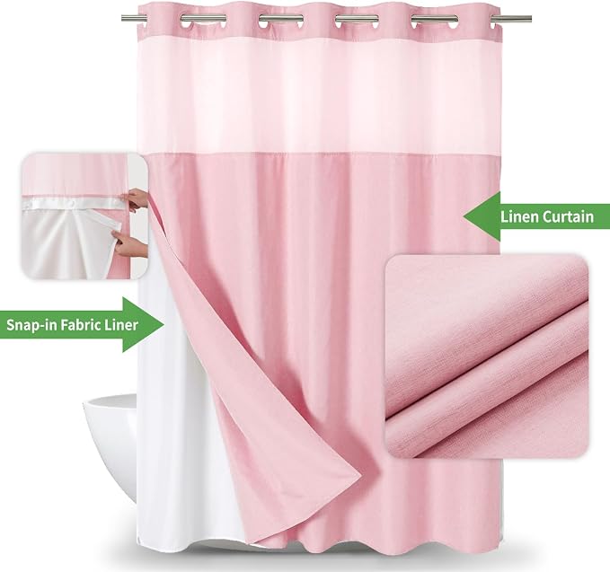 eachope No Hook Linen Texture Shower Curtain with Snap-in Liner,71x86 Pink | Extra Long,230GSM Thick Fabric,Hotel Luxury Decor,Mesh Top Window,Bottom Magnetic,Waterproof & Machine Washable,for Bathroom