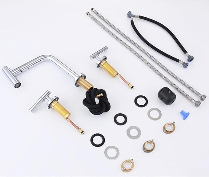 3 Hole Basin Faucets Pull Out Basin Mixer Faucet Bathroom Mixer Faucet Double Handle 2 Mode Brass-Chrome Plated