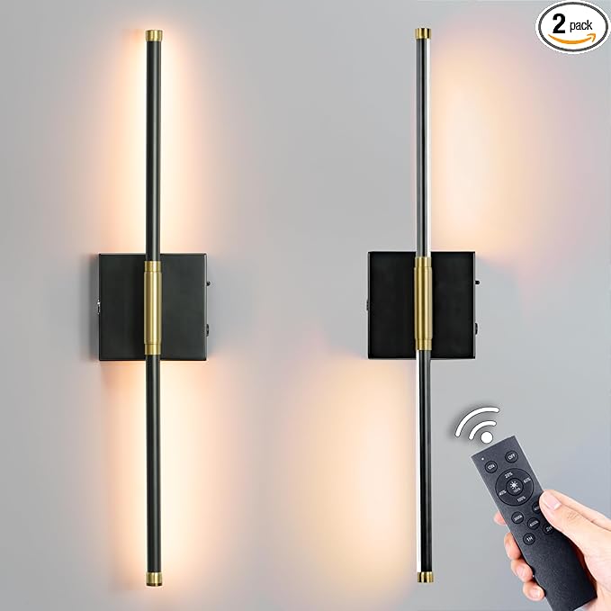 28 Inch Battery Operated Wall Sconces Set of 2, 10000mAh Rechargeable Wireless Wall Lights with Remote, 360° Magnetic Dimmable Black LED Sconce Decor for Bedroom, TV, Mirror, Living Room