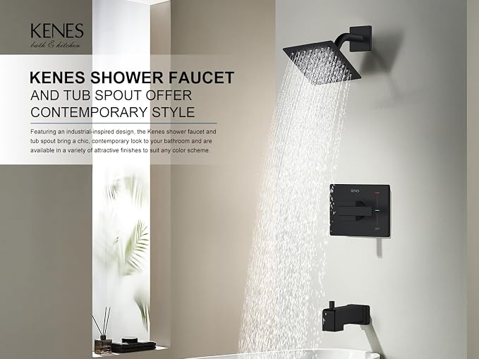 KENES Shower Set with Tub Faucet, Matte Black Tub and Shower Trim Kit | Shower Faucet with 6-Inch Rain Shower Head, Square Shower System, Valve Included, Lead-Free cUPC & NSF Certified, Stainless