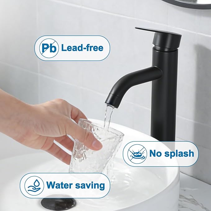 Vessel Sink Faucet Black, Single Handle Single Hole Rv Bathroom Faucet, Tall Lavatory Vanity Sink Faucets with Pop Up Drain and Two 3/8" Hoses