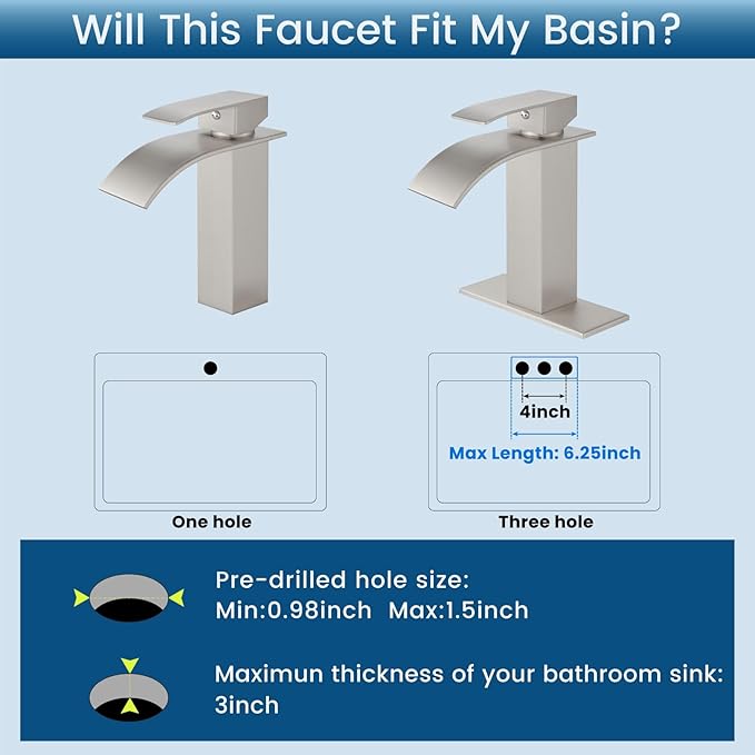 Airuida Waterfall Bathroom Faucet Brushed Nickel Single Handle Single Hole Bathroom Sink Faucet 1 or 3 Hole Basin Mixer Tap, Rv Lavatory Vanity Faucet with Deck Plate and Supply Lines