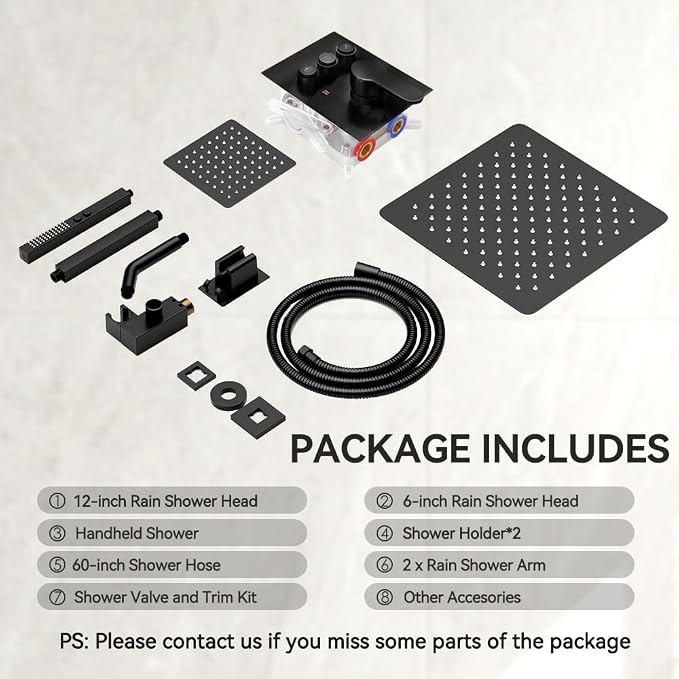 Shower Faucet Set, Wall Mount 12" Rain Shower System with Handheld and 6" Rainfall Shower Head, Can Use 2 Modes Together for Two People, 3 Way Shower Valve with 5 Diverter Complete, Matte Black