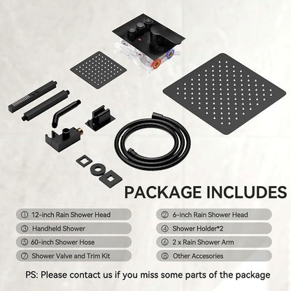 Shower Faucet Set, Wall Mount 12" Rain Shower System with Handheld and 6" Rainfall Shower Head, Can Use 2 Modes Together for Two People, 3 Way Shower Valve with 5 Diverter Complete, Matte Black