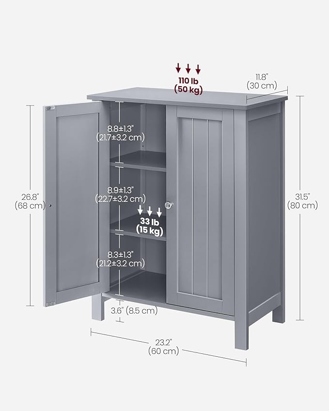 VASAGLE Bathroom Floor Storage Cabinet, Bathroom Storage Unit with 2 Adjustable Shelves, Bathroom Cabinet Freestanding, 11.8 x 23.6 x 31.5 Inches, Dove Gray UBCB060P36