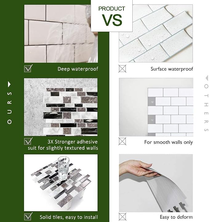 STICKGOO 10-Sheet Marble Look Peel and Stick Tiles, Decorative Self Adhesive Kitchen Backsplash in Granite (Pack of 10, Thicker Design)