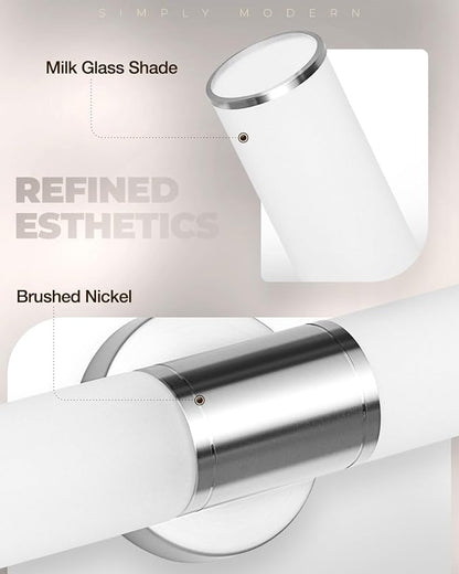 2-Light Bathroom Vanity Lighting Fixture, Brushed Nickel Wall Sconce with Opal White Glass, E26 Stocket Indoor Wall Lamp, Modern Mirror Light