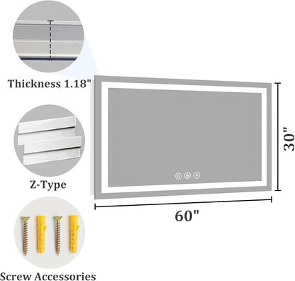Koonmi 60x30 LED Bathroom Mirror with Light, Anti-Fog, 3 Colors | Backlit + Front Lit, Dimmable Brightness, Shatterproof HD Distortion-Free Tempered Glass, Hardware Included