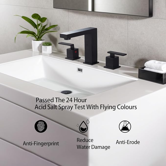 Matte Black Bathroom Faucet 3 Hole, Two Handle 8 Inch Widespread | Comes with Supply Lines & Pop-Up Drain, Easy Deck Mount, Square Shape, Fits Bathroom Vanity Sink, Powder Room & RV Sink