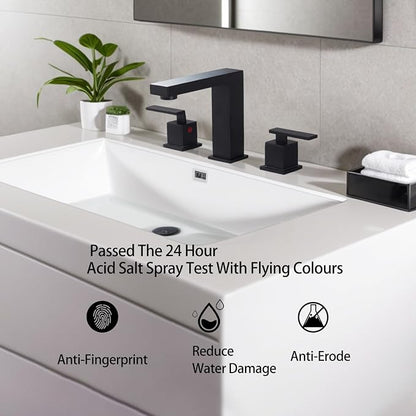 Matte Black Bathroom Faucet 3 Hole, Two Handle 8 Inch Widespread | Comes with Supply Lines & Pop-Up Drain, Easy Deck Mount, Square Shape, Fits Bathroom Vanity Sink, Powder Room & RV Sink
