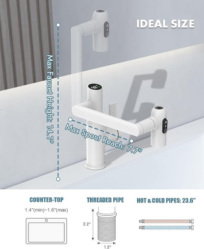 Rotatable Bathroom Faucet with Temperature Display in Fahrenheit (Batteries-Free), 3 Water Outlet Modes, White, BF2204-4
