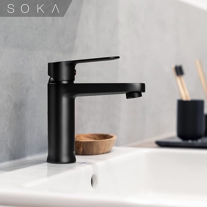 Brass Bathroom Faucet Matte Black with Pop-up Sink Drain Stopper & Deck Plate - 1 or 3 Hole Single Handle RV Faucet