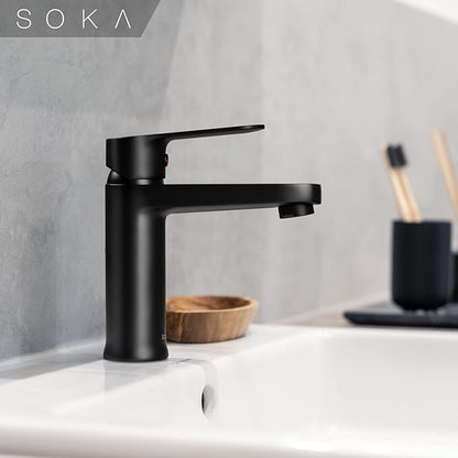Brass Bathroom Faucet Matte Black with Pop-up Sink Drain Stopper & Deck Plate - 1 or 3 Hole Single Handle RV Faucet