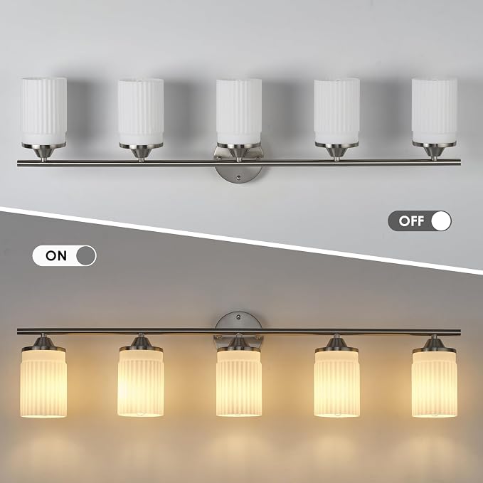 Jonsi Nickel Bathroom Light Fixtures 5-Light Vanity Lights Modern Wall Sconce with Milk White Shade Brushed Nickel Bathroom Light Fixture Over Mirror for Bedroom Hallway Kitchen