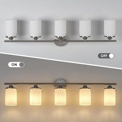 Jonsi Nickel Bathroom Light Fixtures 5-Light Vanity Lights Modern Wall Sconce with Milk White Shade Brushed Nickel Bathroom Light Fixture Over Mirror for Bedroom Hallway Kitchen