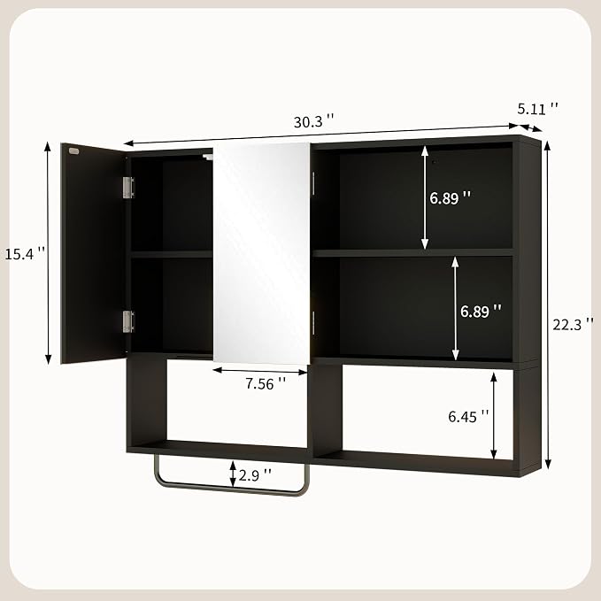 Bathroom Wall Cabinet, Medicine Cabinet, with Mirror & Towel Bar, Black