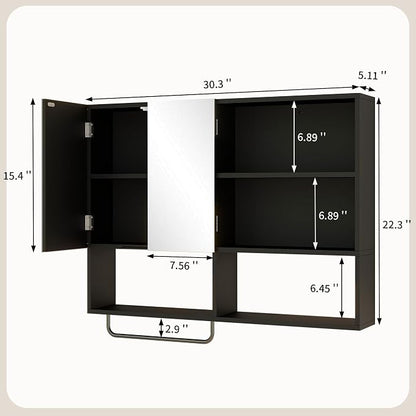 Bathroom Wall Cabinet, Medicine Cabinet, with Mirror & Towel Bar, Black