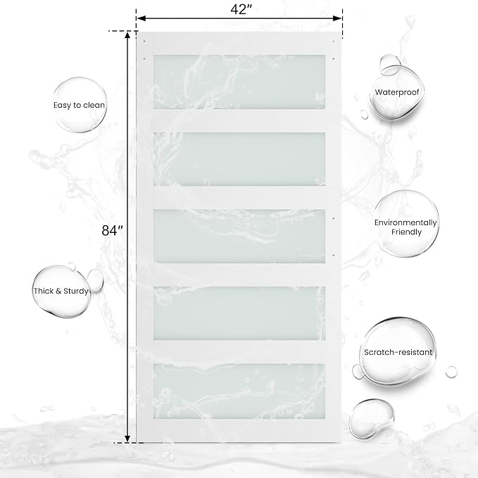 SMARTSTANDARD 42 x 84 in Glass Barn Door with 7FT Sliding Hardware Kit | Pre-Drilled Ready to Assemble, Waterproof PVC Coating, White, 5-Panel Glass