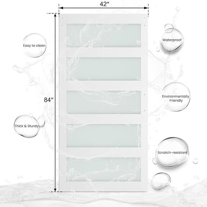 SMARTSTANDARD 42 x 84 in Glass Barn Door with 7FT Sliding Hardware Kit | Pre-Drilled Ready to Assemble, Waterproof PVC Coating, White, 5-Panel Glass