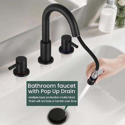 Pull Down Bathroom Faucet for Sink 3 Hole,8 inch Widespread Matte Black Bathroom Sink Faucet with Pop Up Drain, Water Supply Hoses