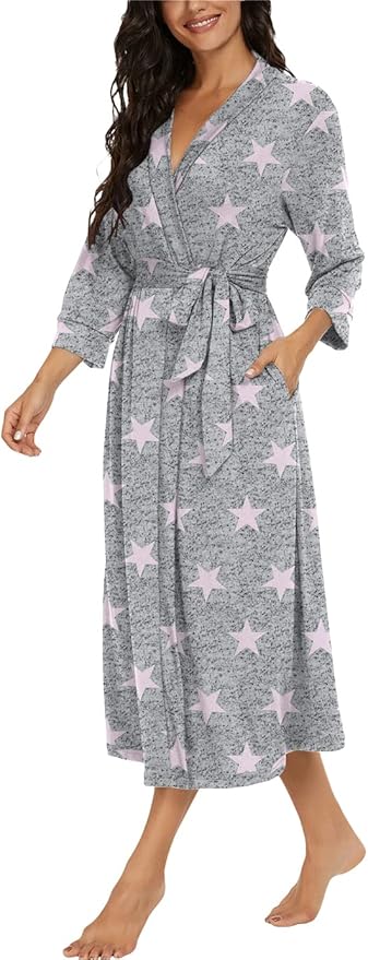 VINTATRE Women Kimono Robes Long Knit Bathrobe Lightweight Soft Knit Sleepwear V-neck Casual Ladies Loungewear