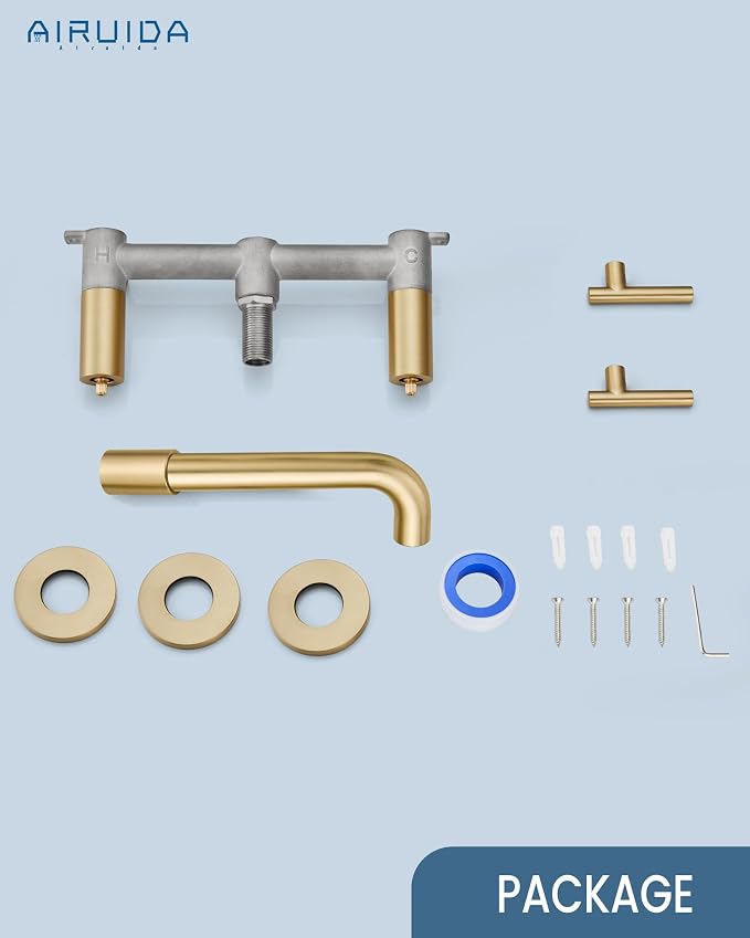 Airuida Wall Mounted Bathroom Sink Faucet,Brushed Gold Vanity Sink Faucet | Lever Handle,3 Holes,360° Widespread Swivel Spout,Rotatable Bathroom Faucet
