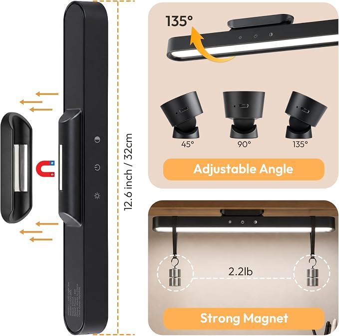 Mirror Light Bar, 2600mAh Rechargeable LED Stick on Vanity Lights for Mirror, 3 Color Modes Stepless Dimming Makeup Lights, Magnetic Wireless LED Lights for Bathroom Mirror, Closet(Black)