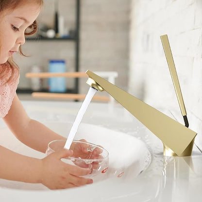 Bathroom Sink Faucet Brushed Gold, Single Handle Brass Sink Faucet with Unique Design, Single Hole Basin Mixer for Lavatory, Vanity, RV, Modern Farmhouse, Suitable for 1 Hole