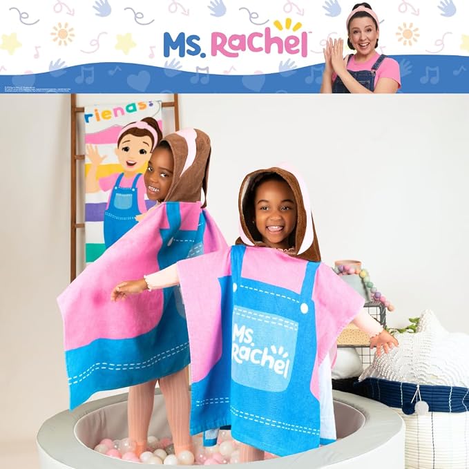 Ms. Rachel Kids Super Soft Bath/Pool/Beach Soft Cotton Terry Hooded Towel Wrap, 24 in x 50 in, (Officially Licensed Product) By Franco