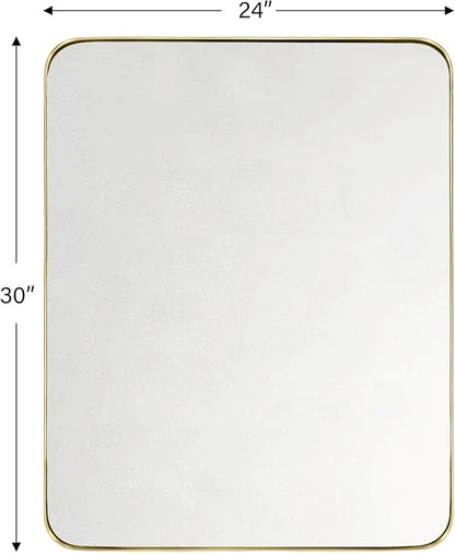 GRACTO 24x30'' Brushed Gold Metal Framed Bathroom Mirror for Wall in Stainless Steel Rounded Rectangular Bathroom Vanity Mirrors Wall Mounted