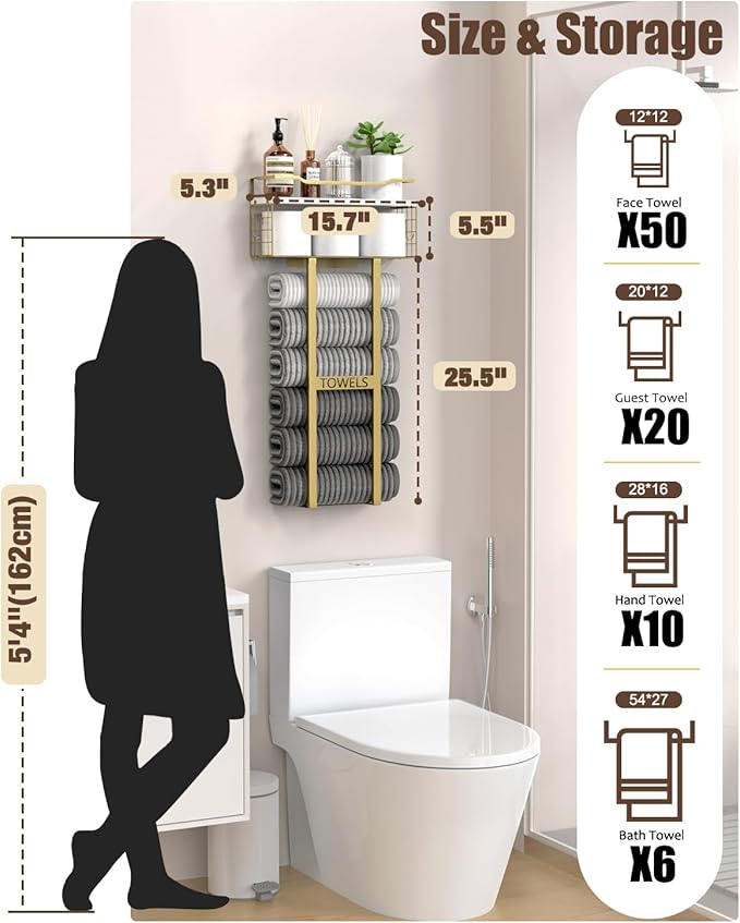 Aetyord Towel Racks for Bathroom - Wall Mounted Metal Rack with Wood Plank, Bathroom Storage Organizer, Towel Holder Stores 6 Large Rolled Towels Easily, Gold and Size XL 31"