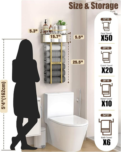 Aetyord Towel Racks for Bathroom - Wall Mounted Metal Rack with Wood Plank, Bathroom Storage Organizer, Towel Holder Stores 6 Large Rolled Towels Easily, Gold and Size XL 31"