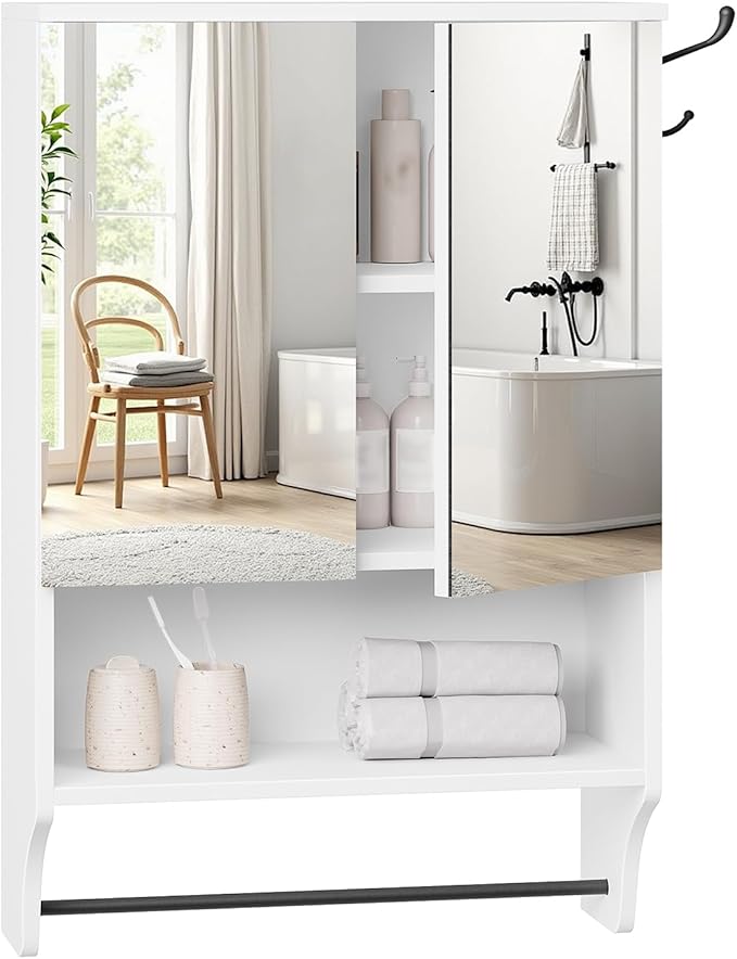 Bathroom Wall Cabinet with Mirror, Medicine Cabinet with 2 Door and Adjustable Shelf, Wall Mounted Over The Toilet Storage Cabinet for Bathroom Laundry Room Kitchen, 18.9"W x 26.2"H, White