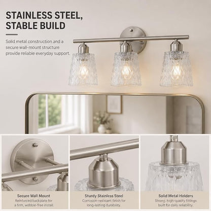 Brushed Nickel Bathroom Light Fixture, 3-Light Modern Vanity Light Over Mirror with Textured Glass Shades, Stainless Steel Construction, E26 Sockets (Bulbs Not Included)