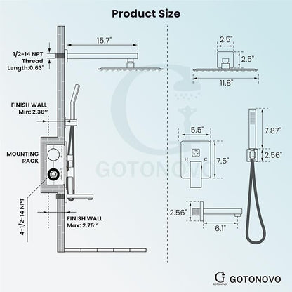 gotonovo Bathtub Shower Faucet Set, 12 Inch Shower Head, Brushed Nickel | Wall Mounted Shower System with Tub Spout for Bathroom, Square High Pressure Rain Shower head with Handheld Spray, All Metal
