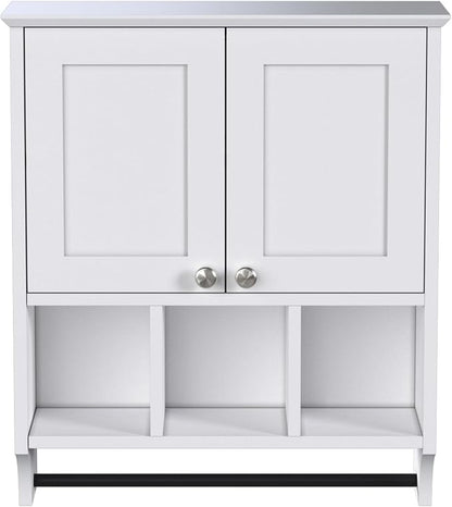 Bathroom Medicine Cabinet, Bathroom Cabinet Wall Mounted Over-The-Toilet with Towel Bar, 2 Doors & 3 Open Shelves, White