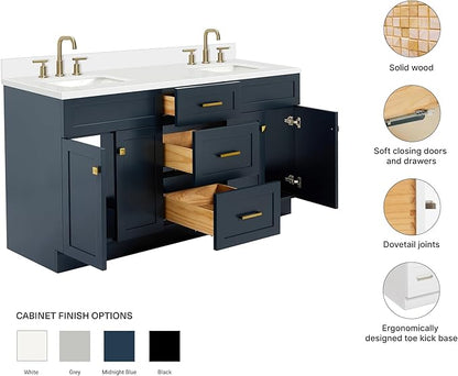 ARIEL Hamlet 66-inch Bathroom Vanity with Sink,Solid Wood, 1.5-inch Pure White Quartz Countertop, Double Rectangular Porcelain Sink, 4 Soft Closing Doors, 3 Dovetail Drawers, Midnight Blue