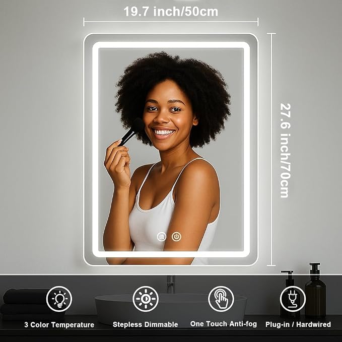 LED Bathroom Mirror, 20x28 in Vanity Mirrors with Backlit Lights for Shaving, Fogless Makeup Mirror Wall Mounted with Demister, Dimmable 3 Color Lighting, IP54, Vertically Only