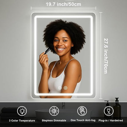 LED Bathroom Mirror, 20x28 in Vanity Mirrors with Backlit Lights for Shaving, Fogless Makeup Mirror Wall Mounted with Demister, Dimmable 3 Color Lighting, IP54, Vertically Only