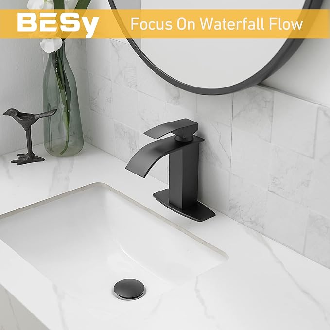 BESy Black Waterfall Bathroom Faucet, Single Hole 1 Hole 3 Holes Single Handle Bathroom Sink Faucet, Vanity Faucet with 6 Inch Deck Plate, cUPC Waterlines, Matte Black with Pop Up Drain