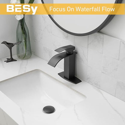 BESy Black Waterfall Bathroom Faucet, Single Hole 1 Hole 3 Holes Single Handle Bathroom Sink Faucet, Vanity Faucet with 6 Inch Deck Plate, cUPC Waterlines, Matte Black with Pop Up Drain