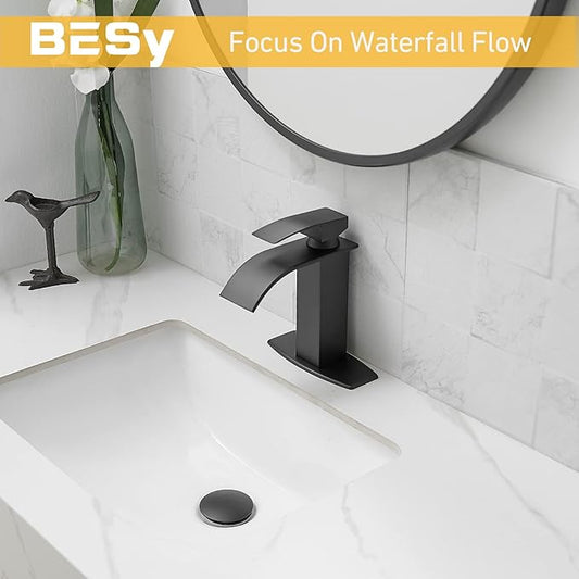 BESy Black Waterfall Bathroom Faucet, Single Hole 1 Hole 3 Holes Single Handle Bathroom Sink Faucet, Vanity Faucet with 6 Inch Deck Plate, cUPC Waterlines, Matte Black with Pop Up Drain