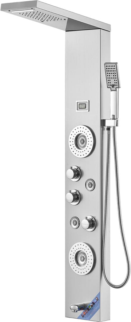 VEVOR Shower Panel Tower System, 6 Shower Modes, LED & Display Shower Panel, Rainfall, Waterfall, 4 Body Massage Jets, Tub Spout, Handheld Shower Head 59" Hose, Stainless Steel Wall-Mounted Shower Set