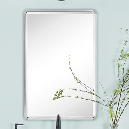 TEHOME Farmhouse Brushed Nickel Metal Framed Recessed Bathroom Medicine Cabinet with Mirror Rounded Rectangle Medicine Cabinet with Beveled Mirror 16x24''