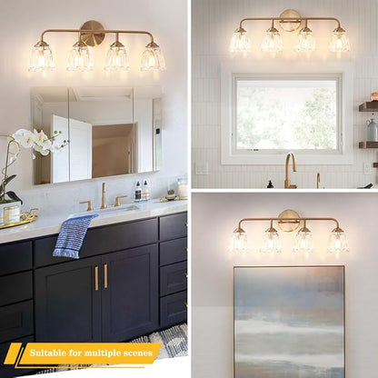 Vintage Bathroom Vanity Light, Brown Bronze Vanity Lighting, 4-Light Bathroom Lighting Fixtures Over Mirror, Elegant Flower Glass Light with Clear Shade, Gold Wall Sconce Lighting for Bedroom